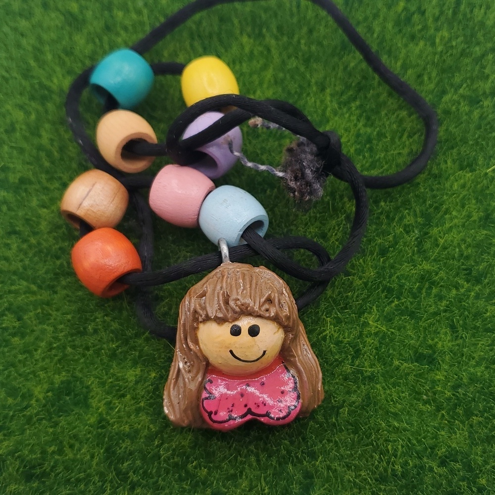 Vintage Colorful Beaded Happy Girl Necklace with Smiling Pendant 26 Inch N3629